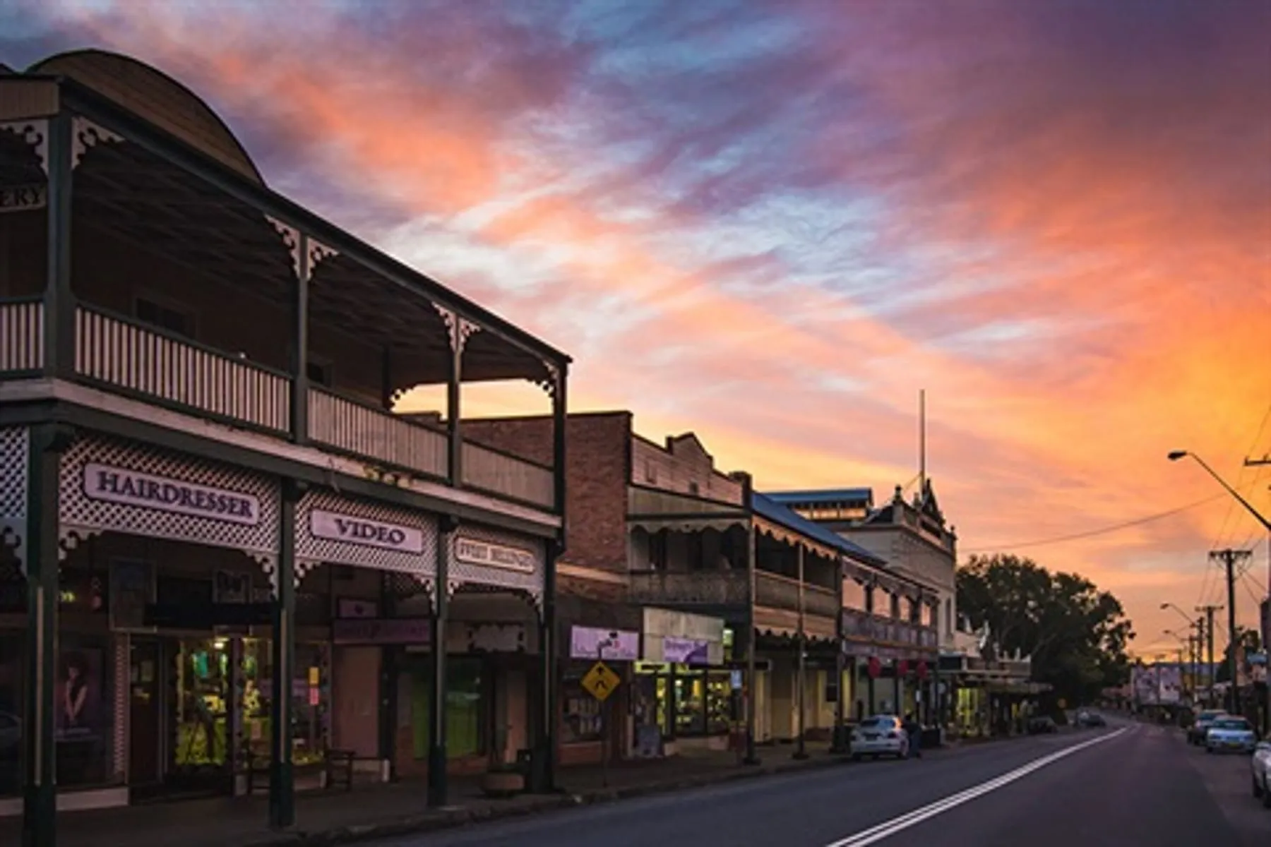 Bellingen's heritage main street at sunset