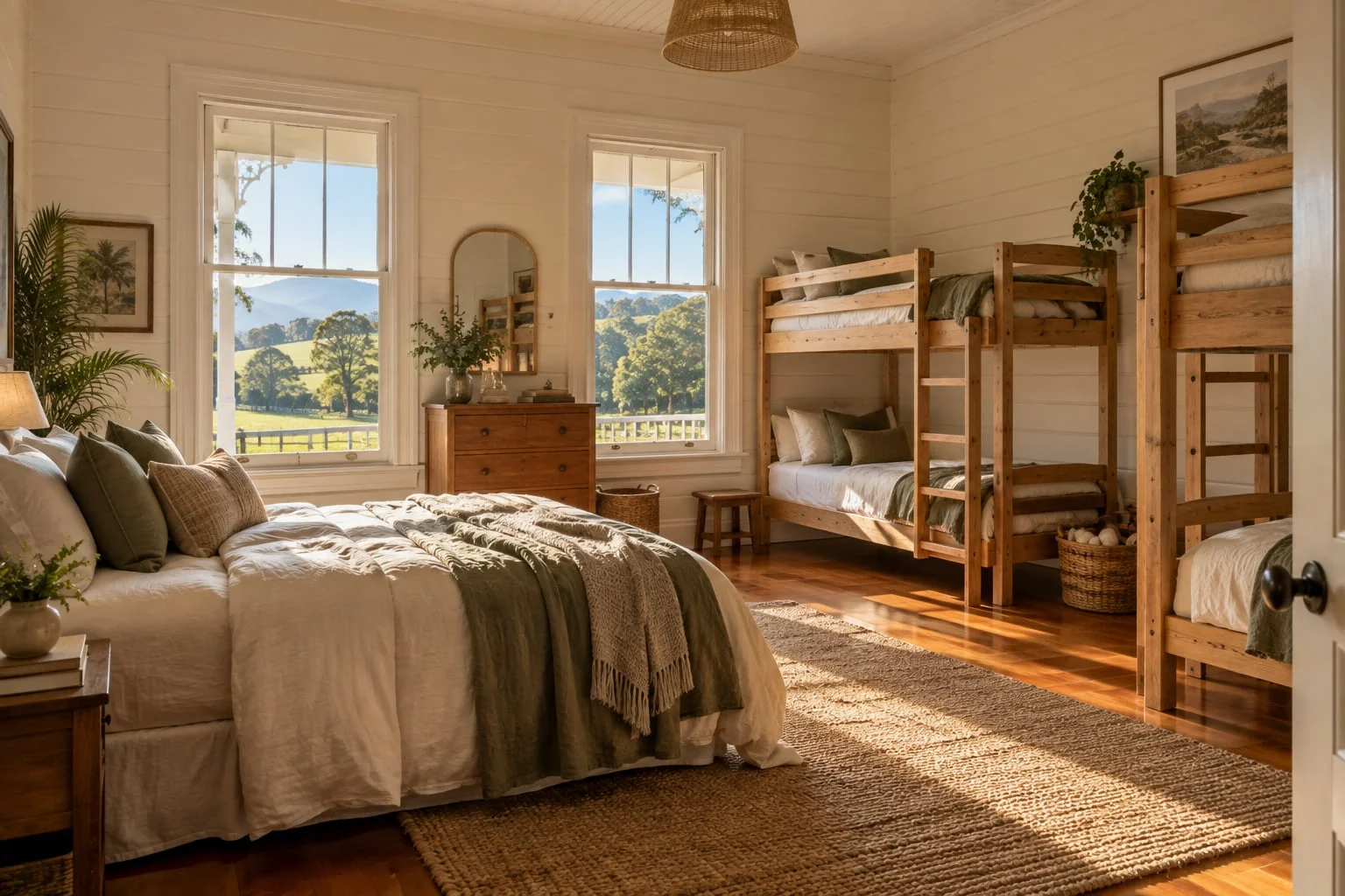 A queen bed and two sets of timber bunks in a sunlit room with windows over the paddocks