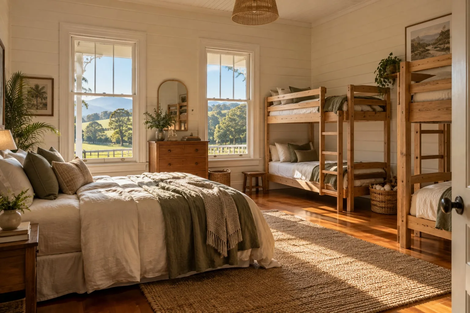 A queen bed and two sets of timber bunks in a sunlit room with windows over the paddocks
