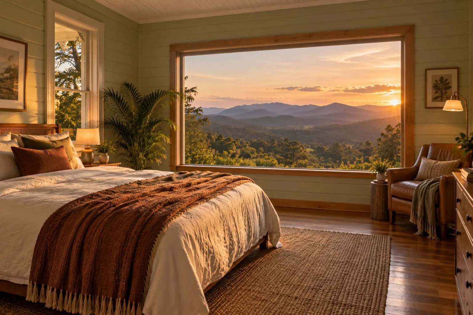 A queen bed facing a wide picture window over layered mountain ranges at sunset