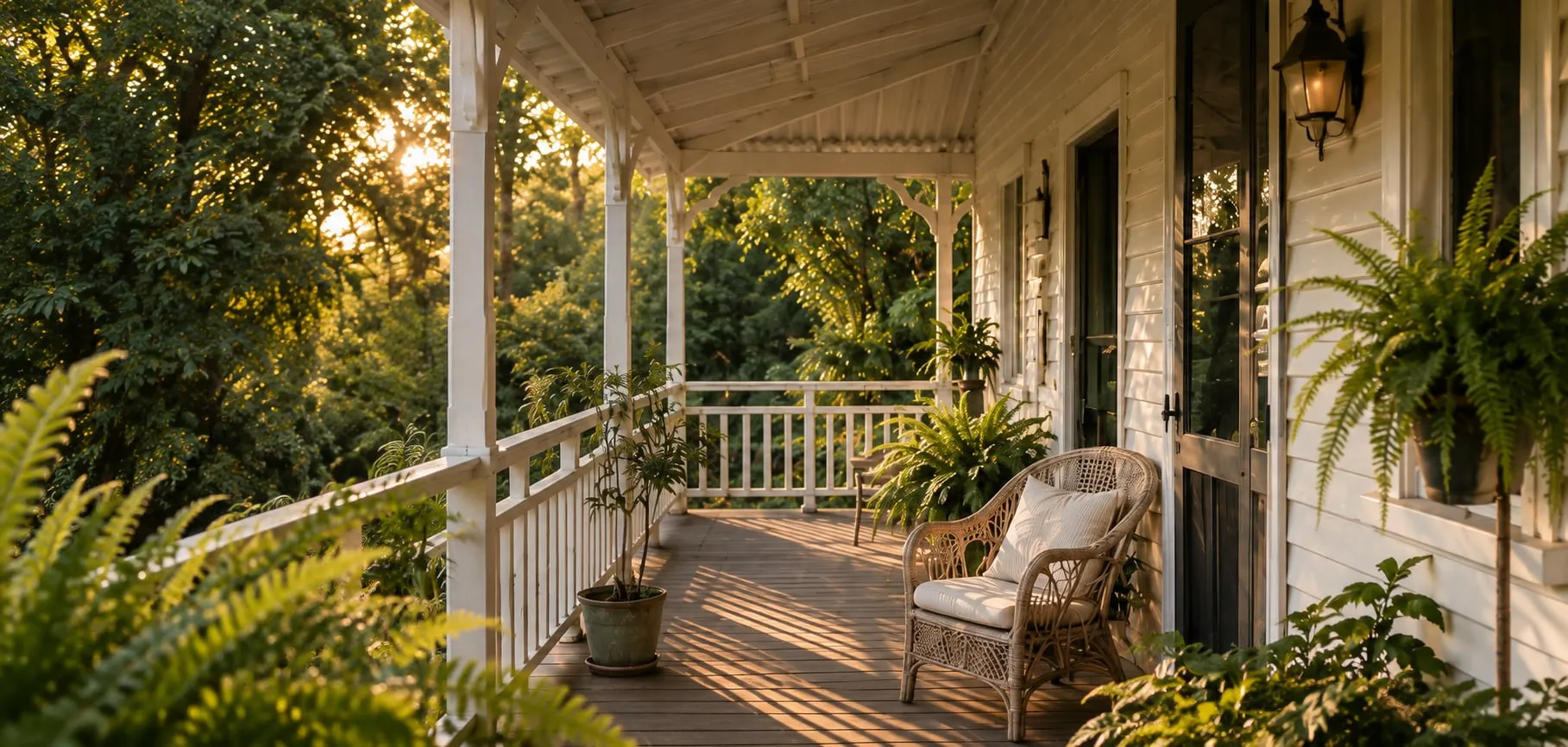 A wicker chair and hanging ferns on the homestead verandah in late sun