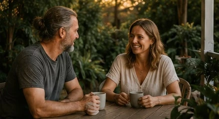 The Grange's hosts sharing a coffee on the verandah